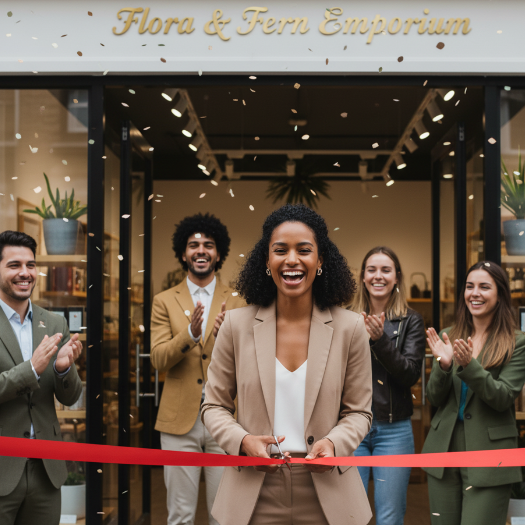 Woman entrepreneur celebrating business opening